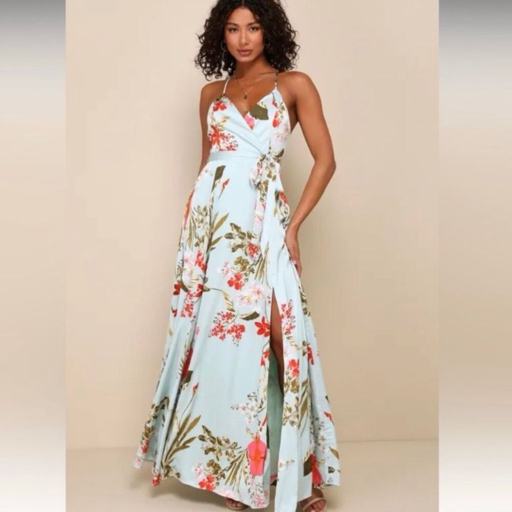 New Lulus Women's Small Still the One Sage Green Floral Print Satin Maxi Dress